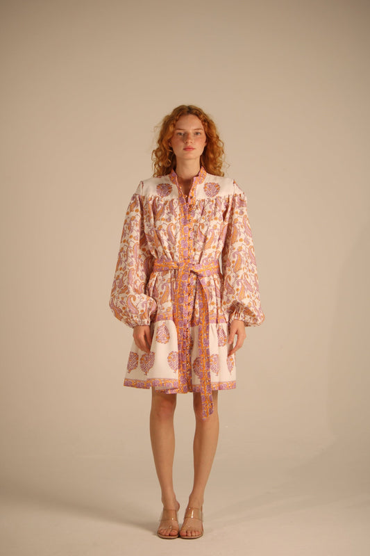 Beige  Dress With  Lilac  and Orange