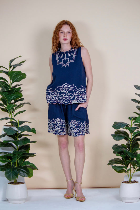 Navy Richelieu Embroidered Top