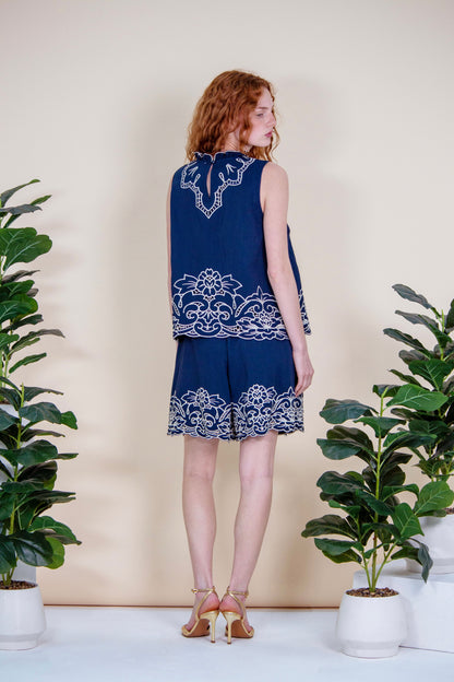 Navy Richelieu Embroidered Top