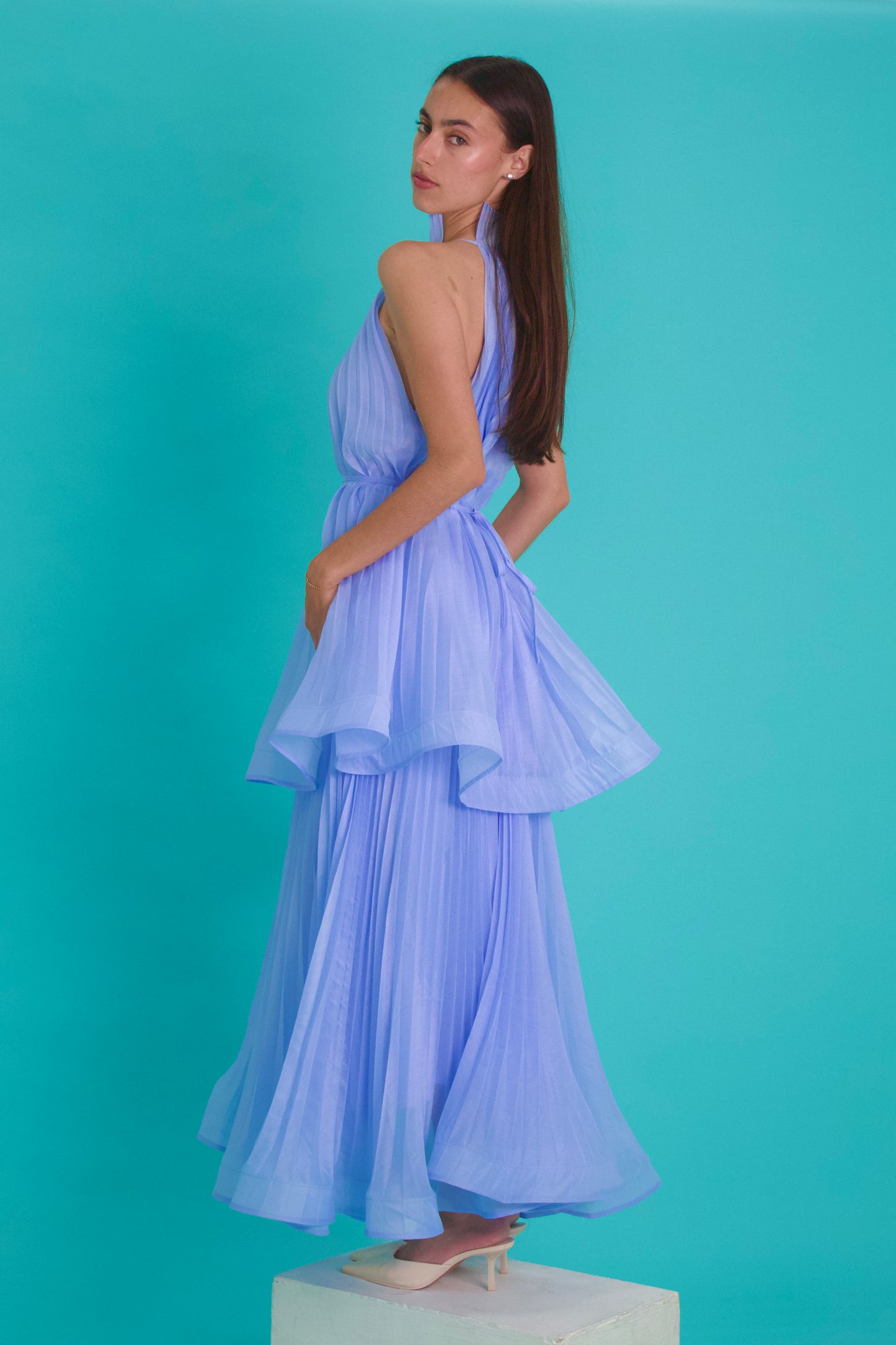 Sky Blue Pleated Halter Maxi Dress
