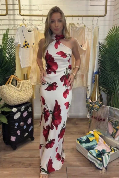 Red Floral Halter Maxi Dress
