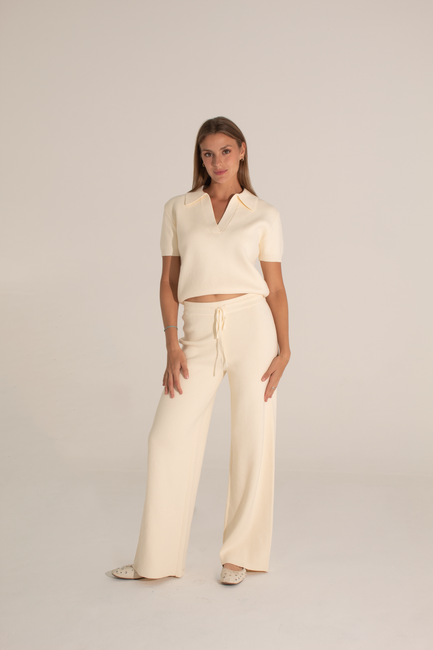 Ivory knit polo and pant set