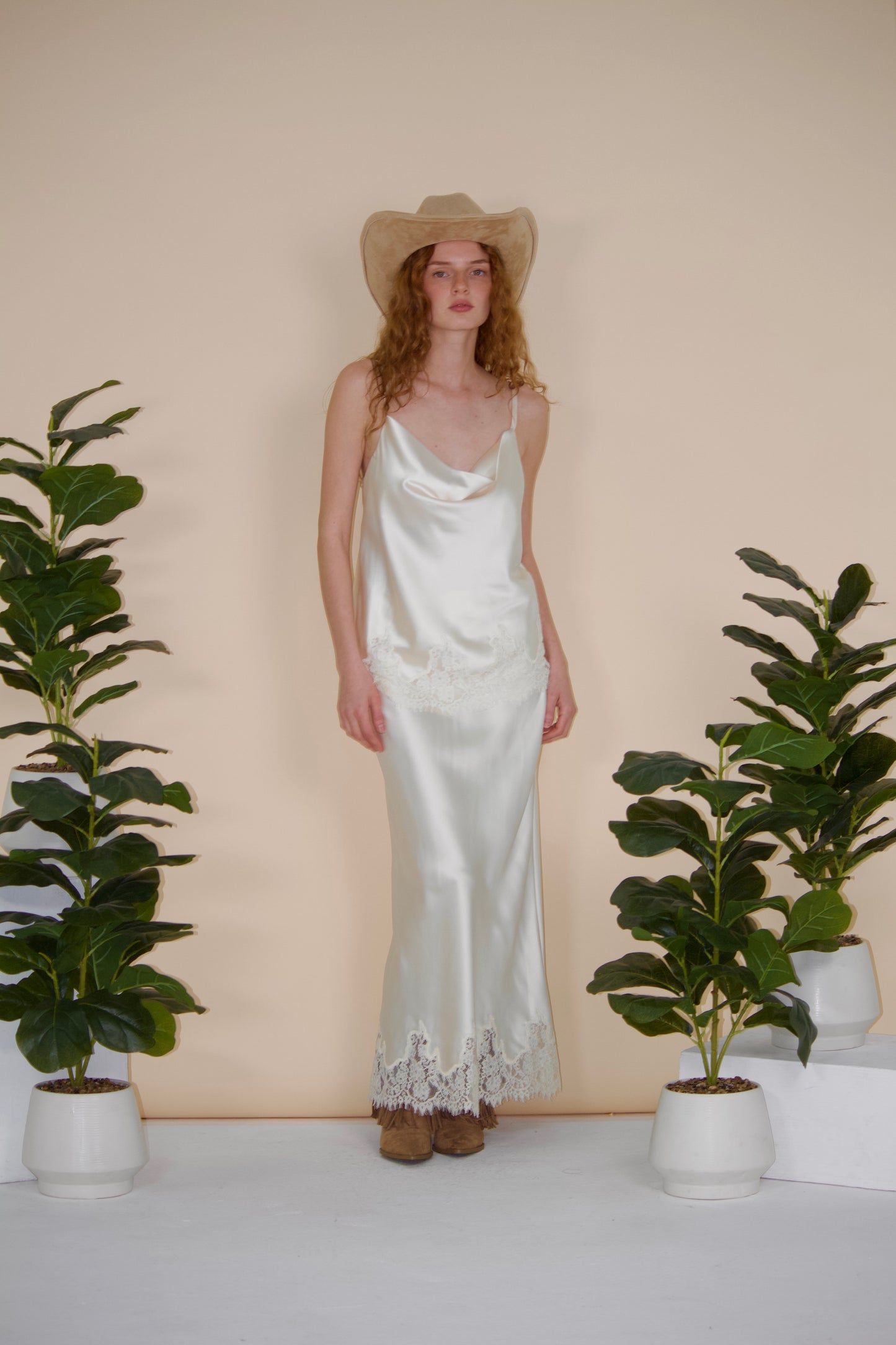 Satin Lace-Hem Maxi Skirt