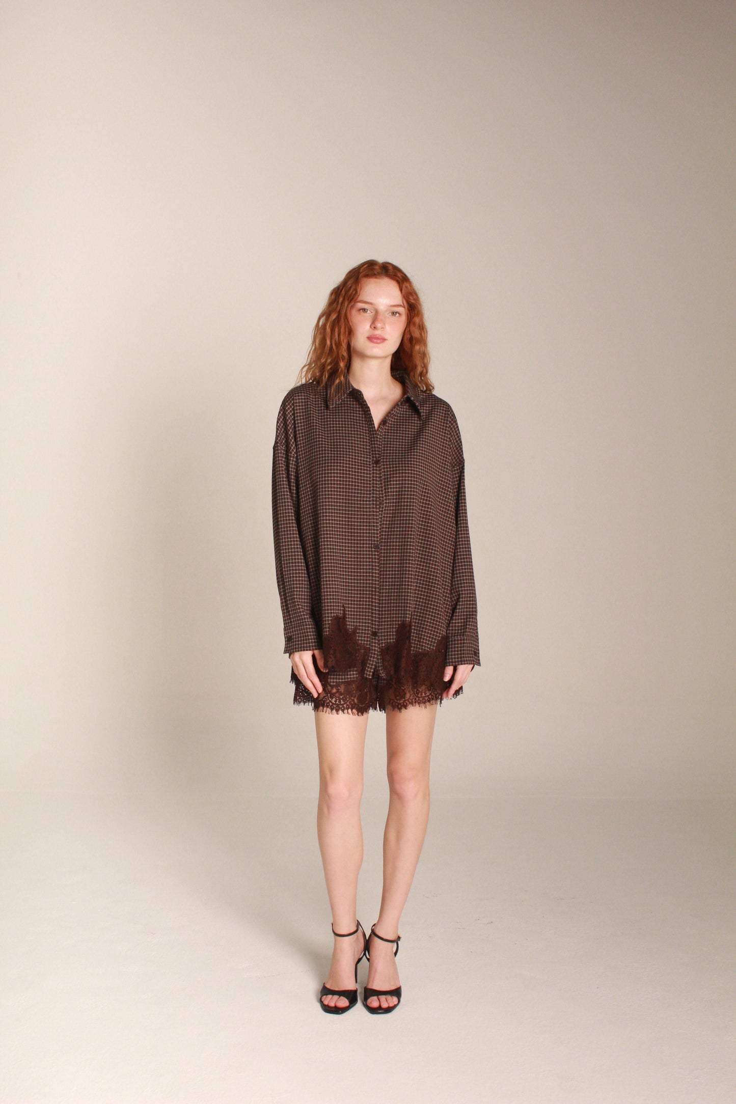 Mocha Check Lace-Trim Shirt