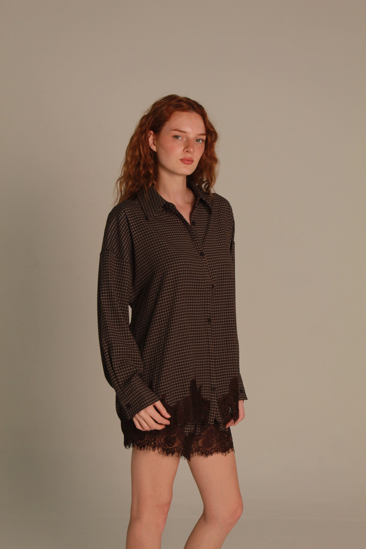 Mocha Check Lace-Trim Shirt