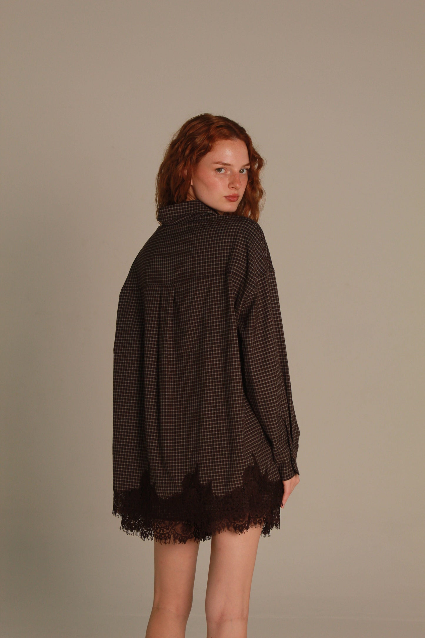 Mocha Check Lace-Trim Shirt