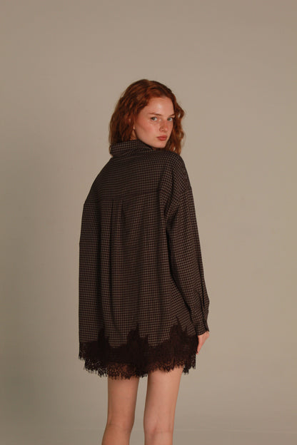 Mocha Check Lace-Trim Shirt