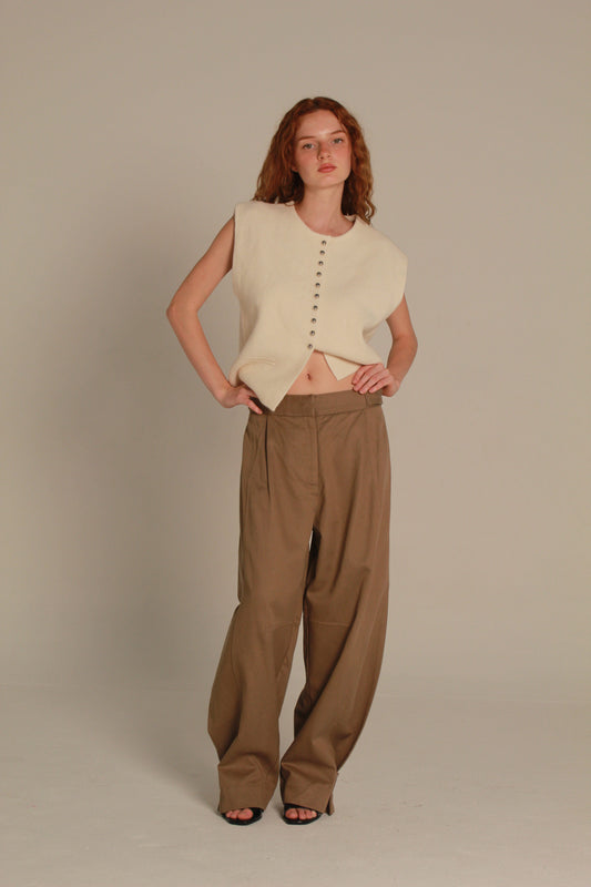 Alba Wide Leg Pants — Taupe Brown & Ivory