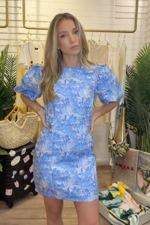 Azure Garden Puff Sleeve Mini Dress