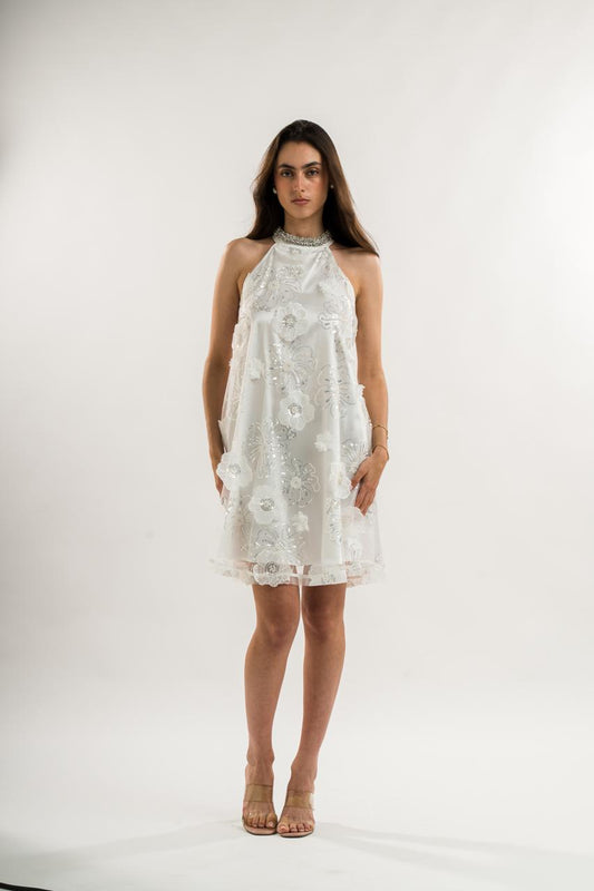 VESTIDO HALTER BLANCO CON FLORES PLATEADAS