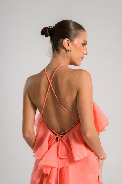 VESTIDO HALTER SALMÓN CON FLOR