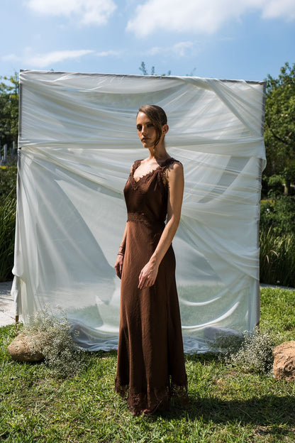 Satin Brown Dress With Lace
