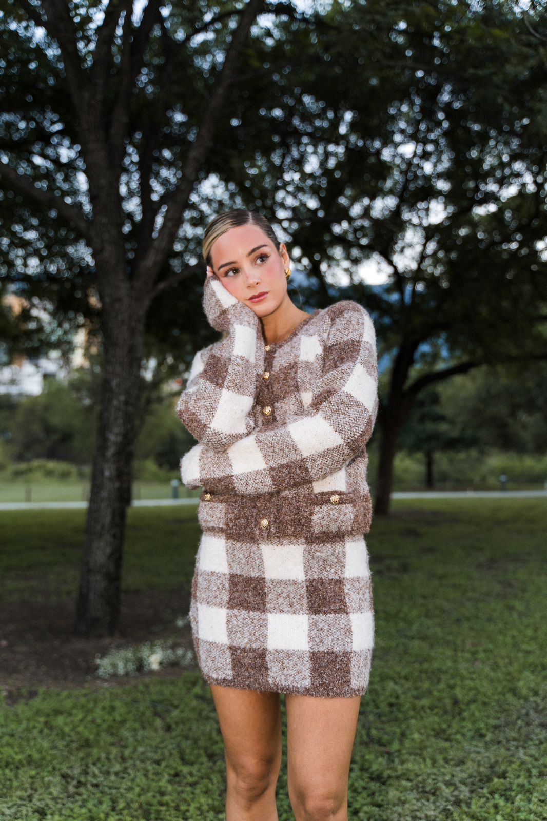 Beige and White Plaid Skirt