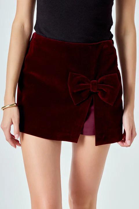 Wine Corduroy Skirt with Bow