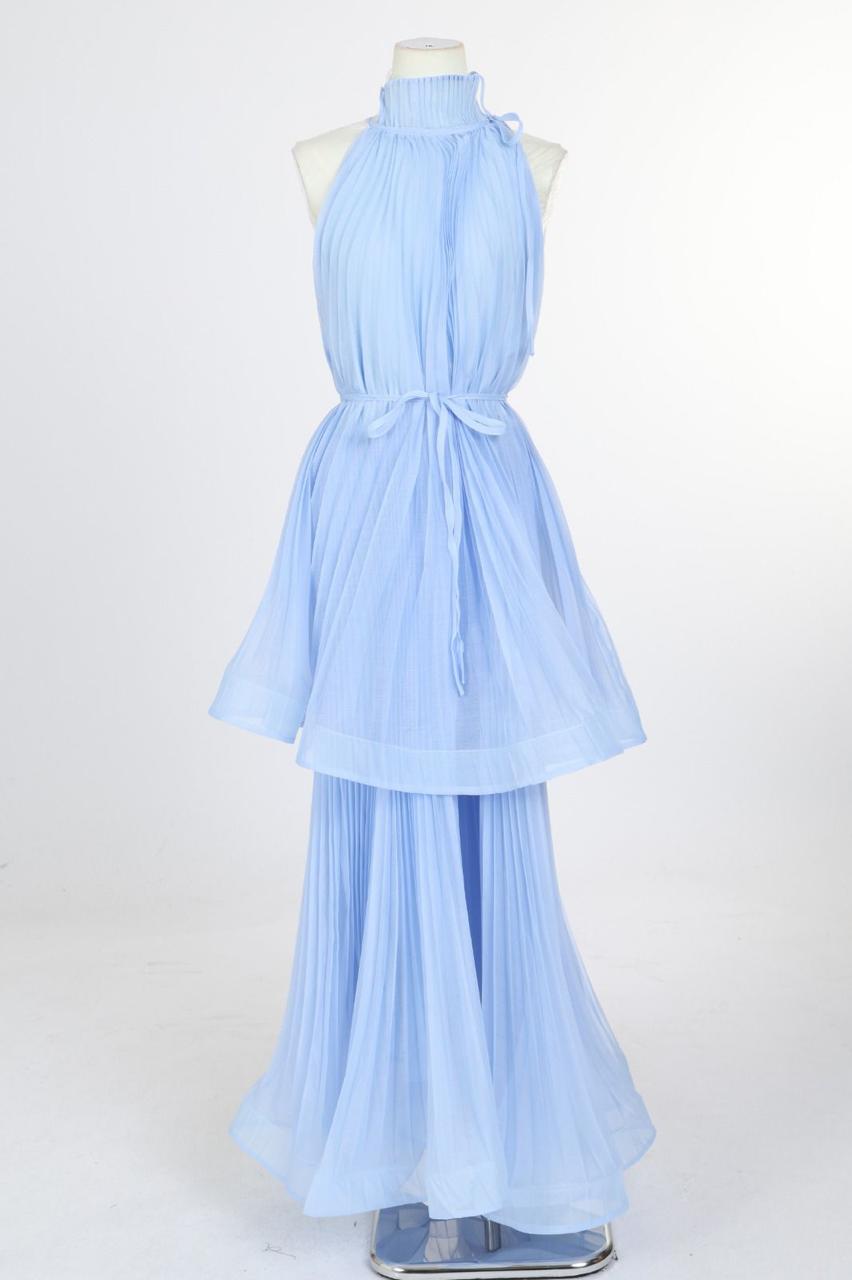 Sky Blue Pleated Halter Maxi Dress