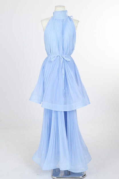 Sky Blue Pleated Halter Maxi Dress