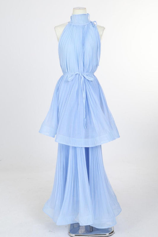 Sky Blue Pleated Halter Maxi Dress