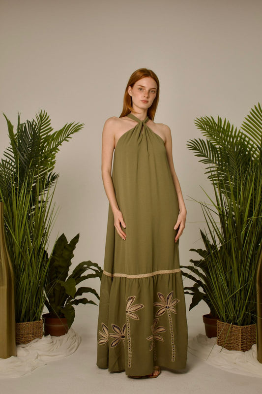 Paradise Palm Embroidered Halter Maxi Dress