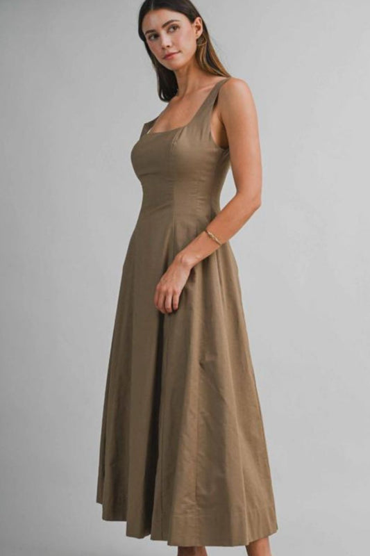 Olive Square-Neck Midi Dress