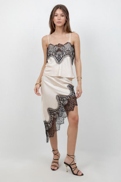 Asymmetrical Satin Midi Skirt with Lace