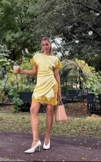 Satin butter yellow lace skirt