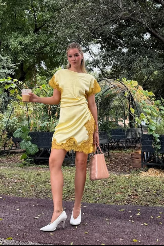 Citron Mini Skirt — Butter Yellow Satin Gold Lace Hem