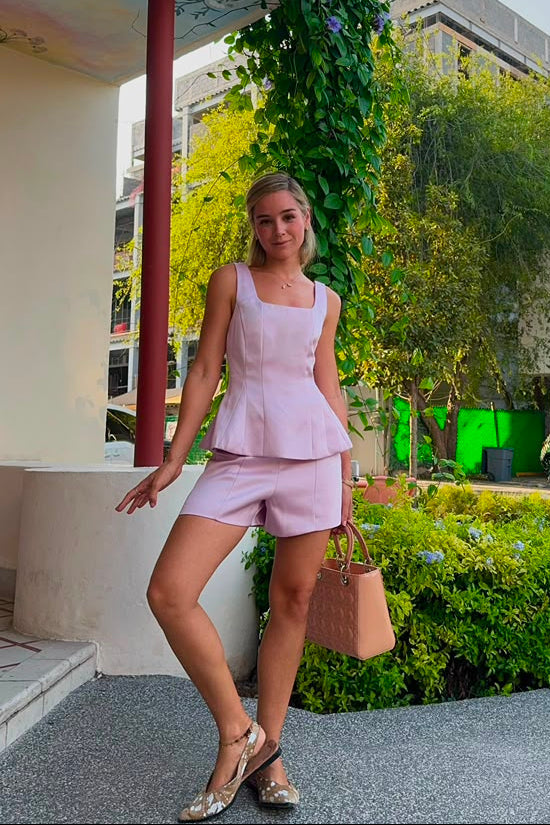 Rosalie Shorts — Soft Pink High-Waist Tailored