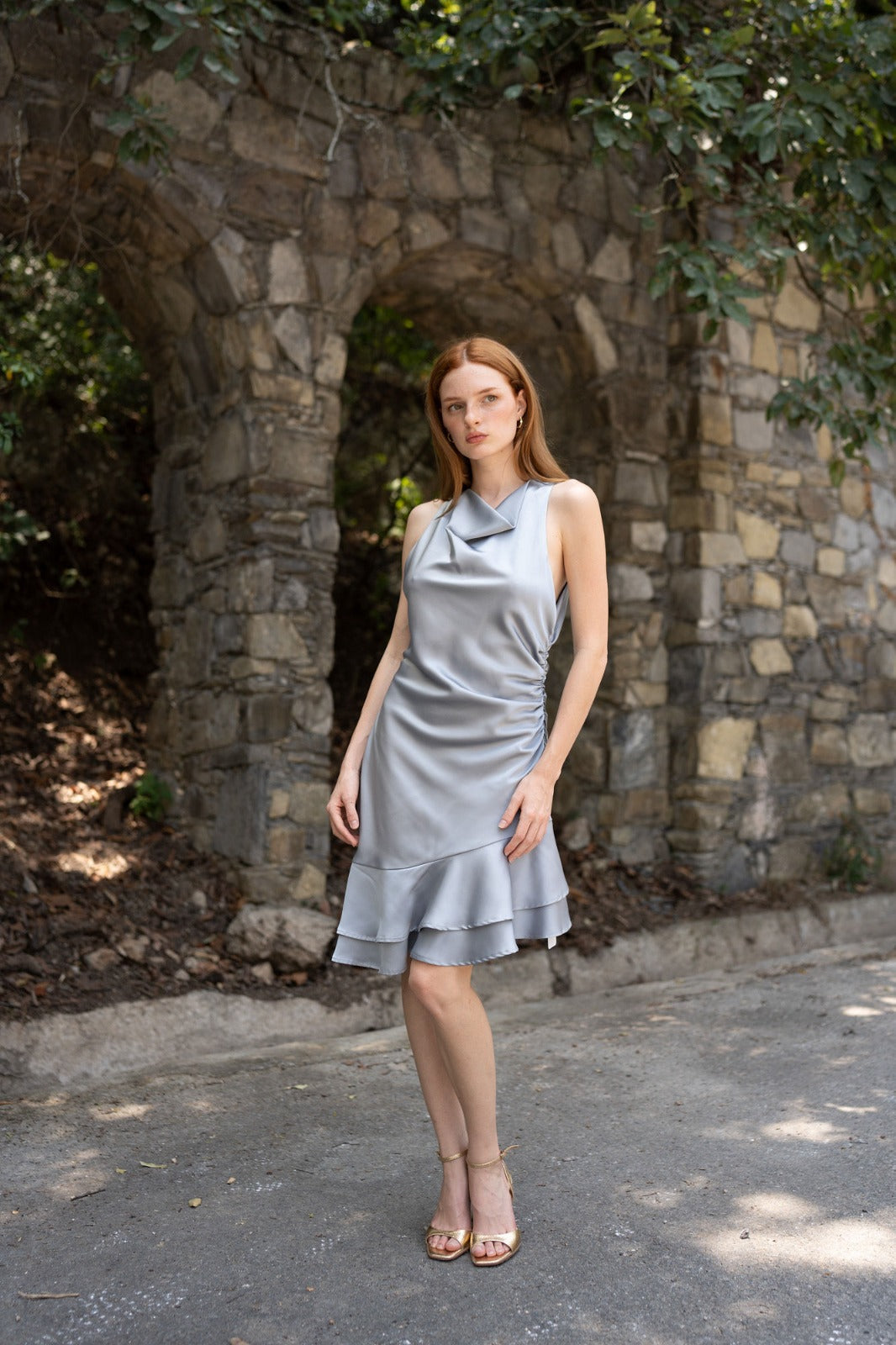 Celeste Satin Dress — Powder Blue Draped