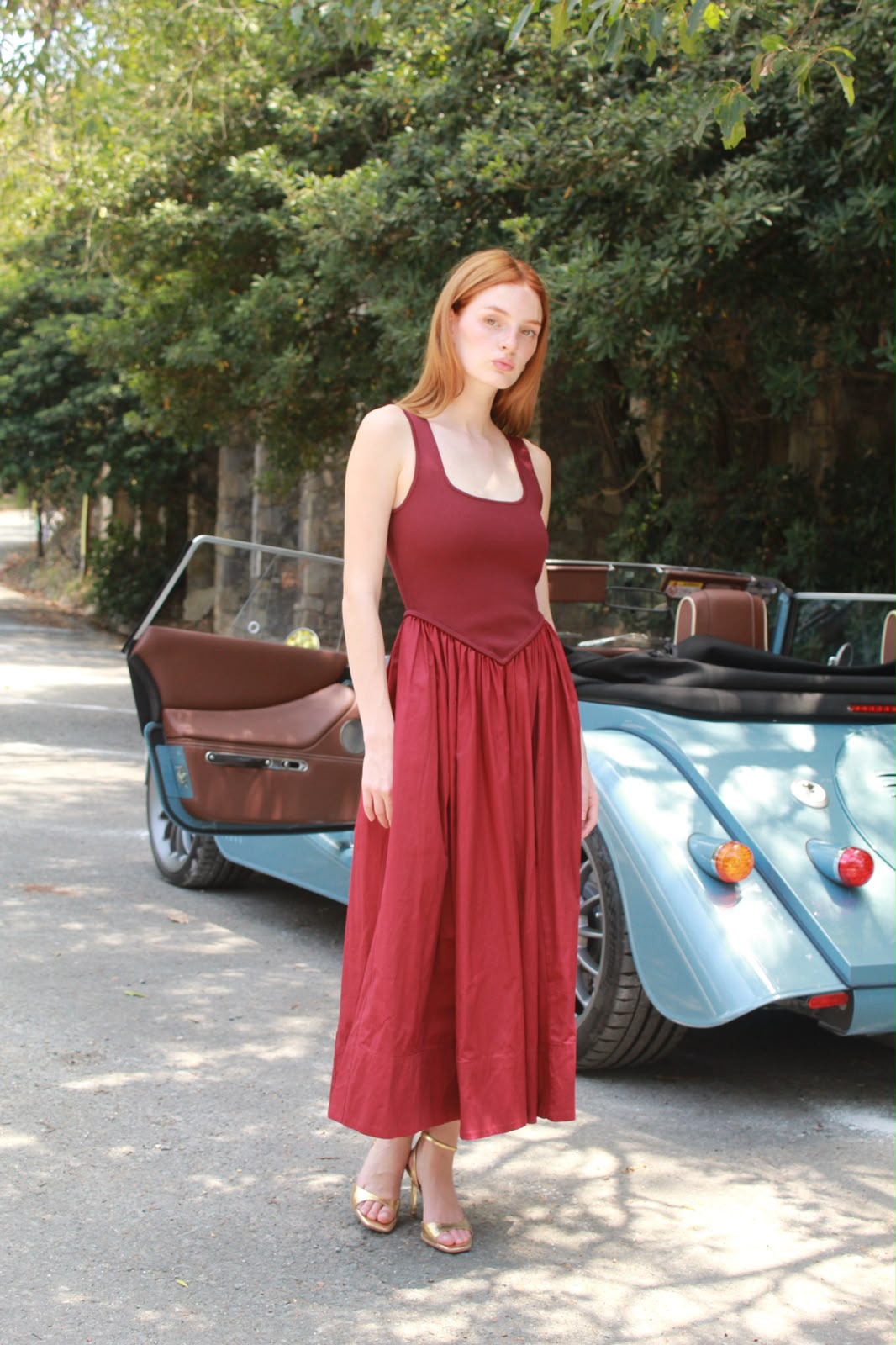 Satin Gathered Dress — Burgundy