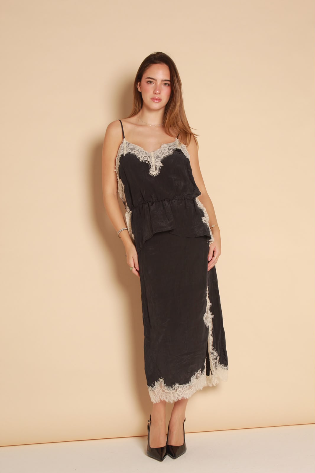 Luna Lace Midi Top — Camel & Dark Blue