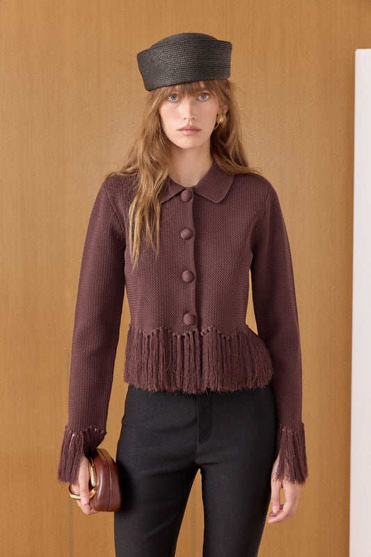 Fringe-Trimmed Textured Knit Cardigan