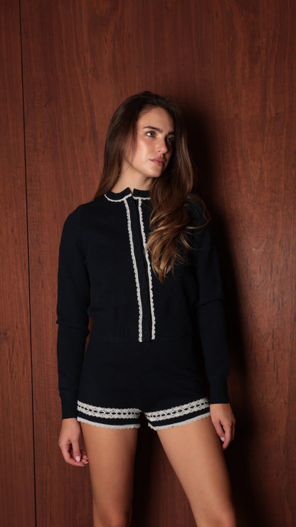 Crochet-Trimmed High-Neck Cardigan & Shorts Set