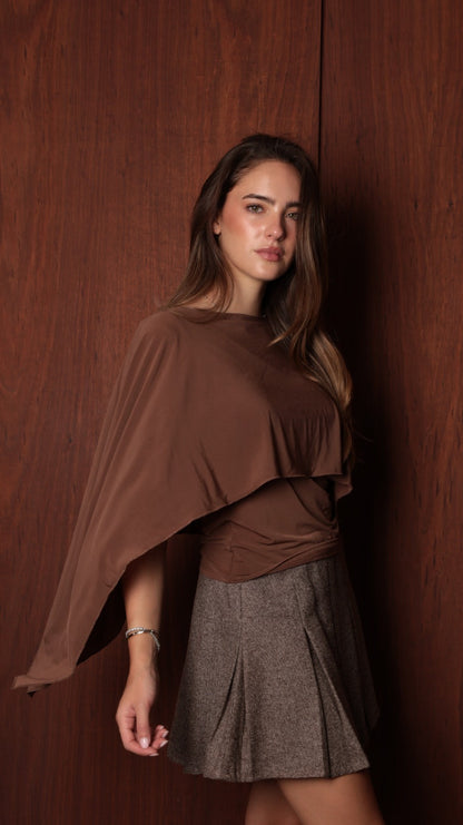 Asymmetric Cape-Overlay Draped Top