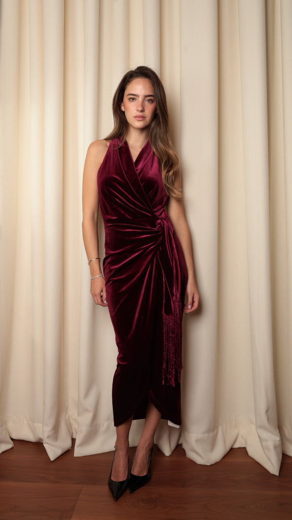 Halter Velvet Wrap Midi Dress