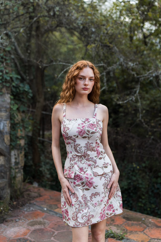 Ivory Floral Square-Neck A-Line Mini Dress