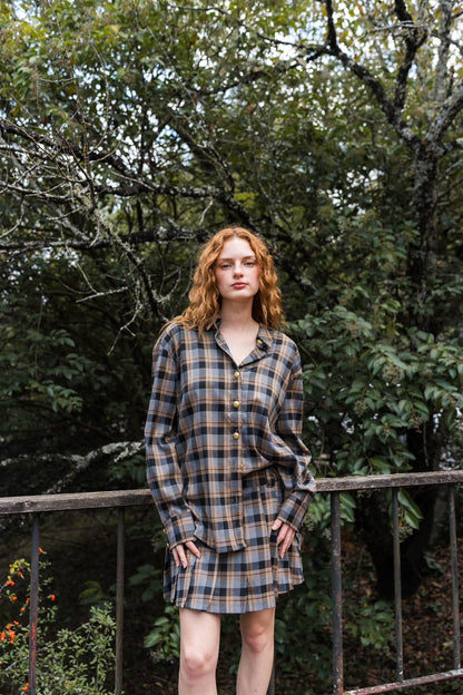 Celine Plaid Button-Down Shirt — Blue & Camel