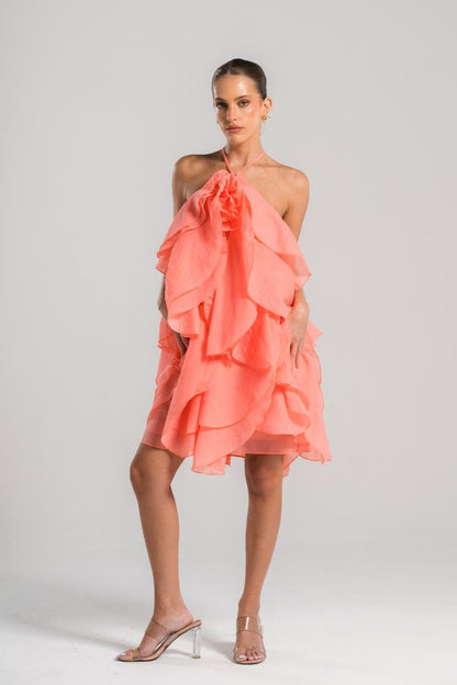 VESTIDO HALTER SALMÓN CON FLOR