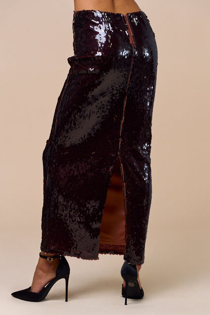 Long Wine-Colored Sequin Skirt