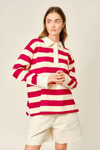 Striped Knit Top with Ruffle Collar