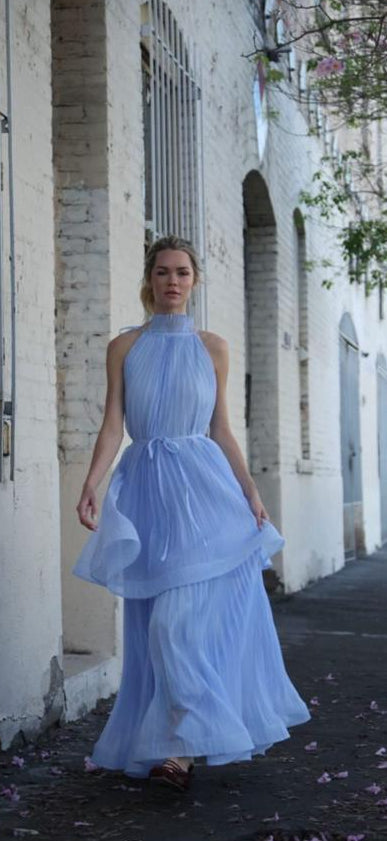 Sky Blue Pleated Halter Maxi Dress