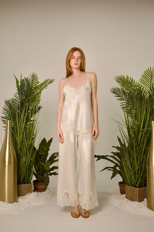 Sorrento Lace-Hem Satin Wide Pants
