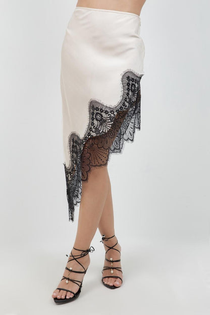 Asymmetrical Satin Midi Skirt with Lace