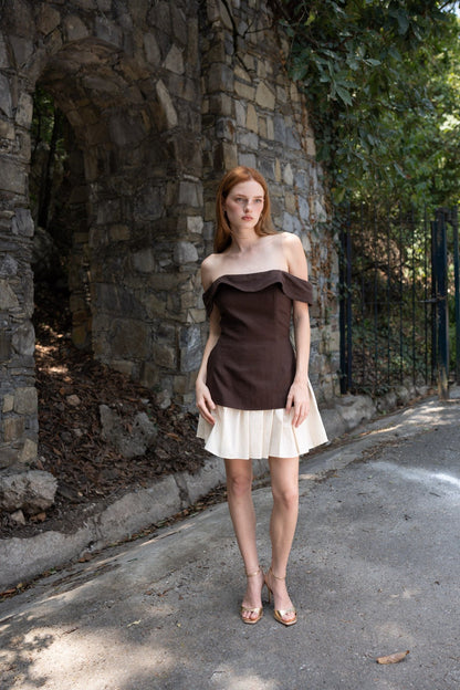 Bianca Off-Shoulder Dress — Chocolate & Ivory