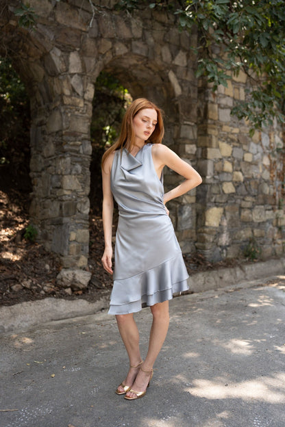 Celeste Satin Dress — Powder Blue Draped