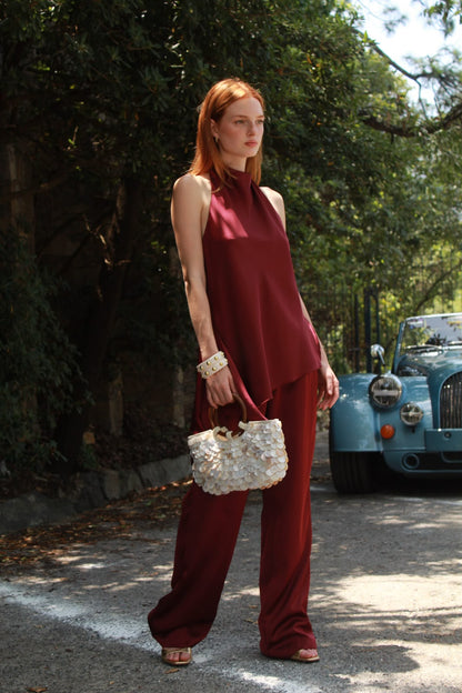 Satin Wide-Leg Pants — Merlot
