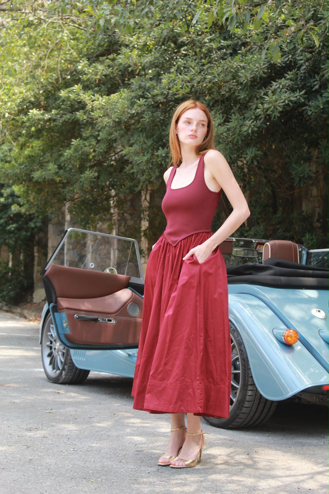 Satin Gathered Dress — Burgundy