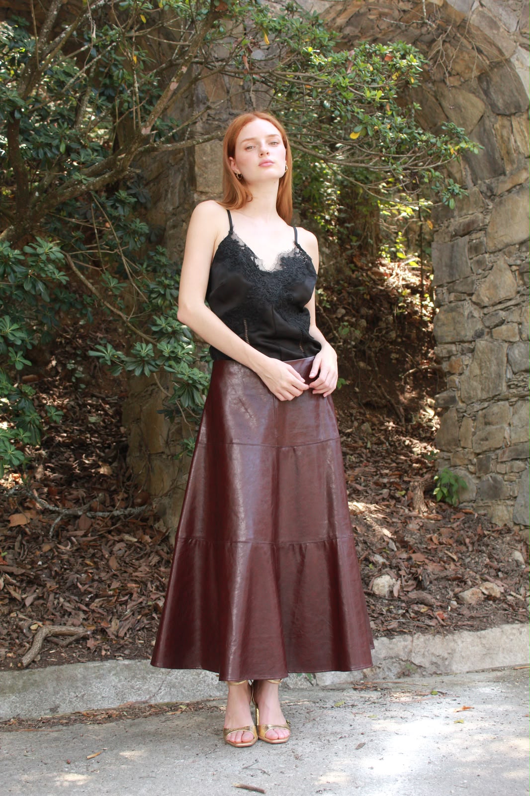 Leather A-Line Skirt — Burgundy