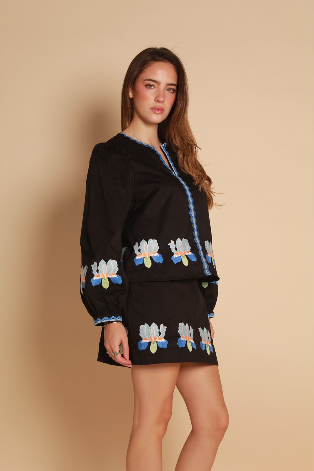 Amara Embroidered Blouse — Black & Blue Floral