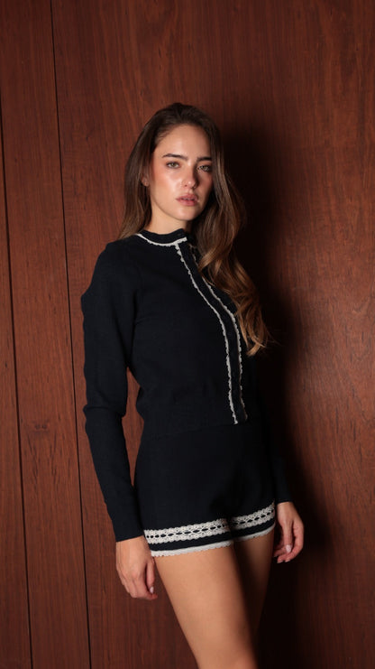 Crochet-Trimmed High-Neck Cardigan & Shorts Set
