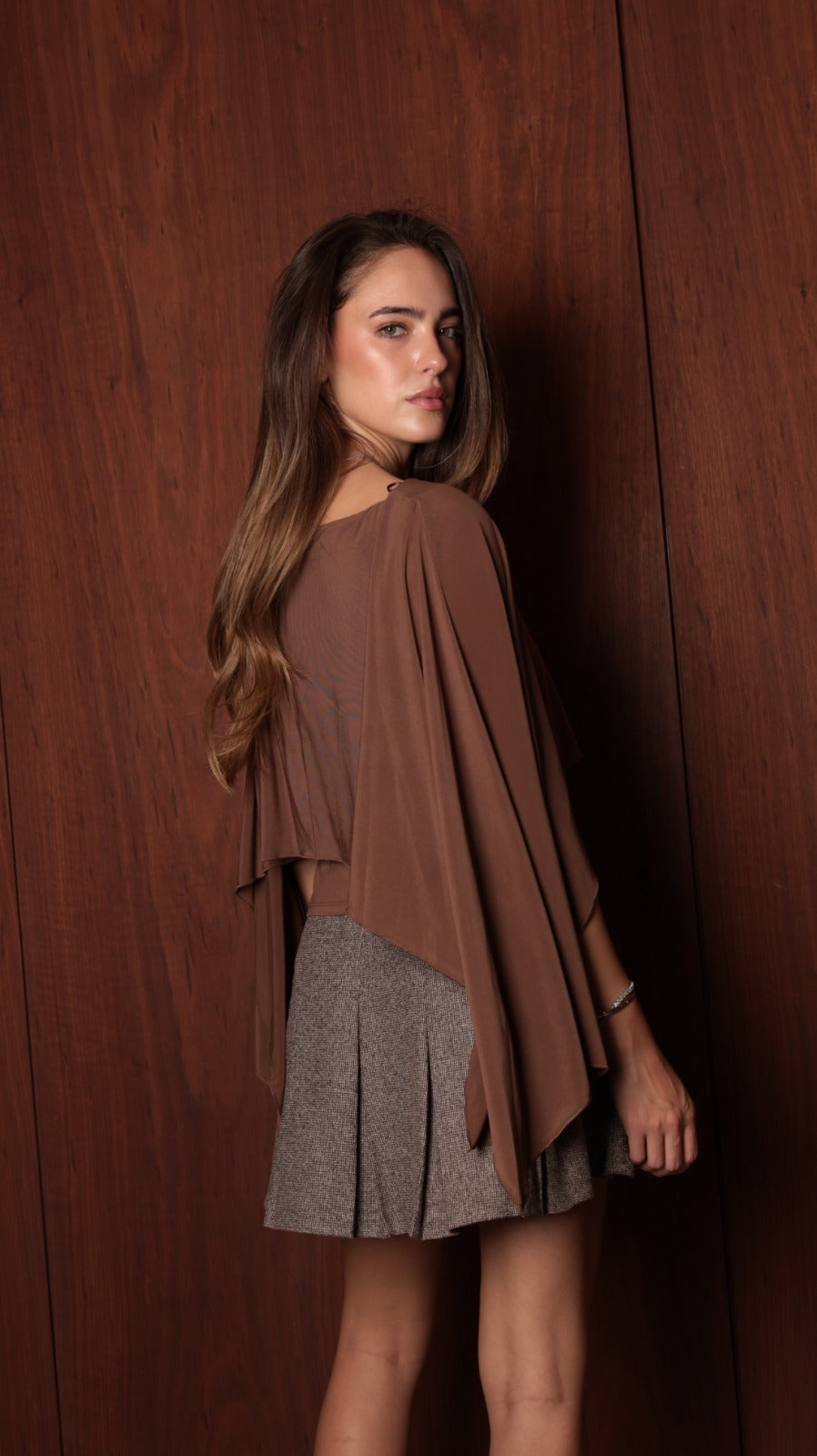 Asymmetric Cape-Overlay Draped Top